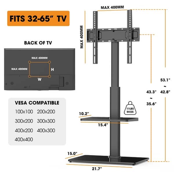 Support TV Sur Roulettes AOKCOS - Base En Bois, Hauteur Réglable 1306-1626 Mm, Pour Écrans 32-65 Pouces