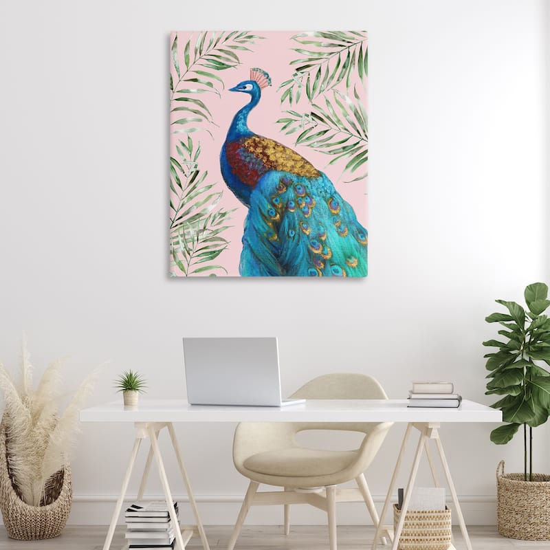 Stupell Elegant Peacock & Palm Sprigs Canvas Wall Art Design By Nan