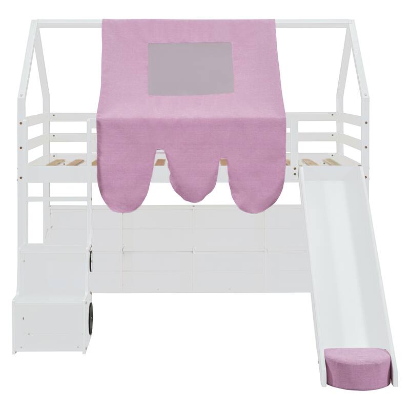 Twin Size Wooden Loft Bed with House-Shaped Frame, Tent, Slide, and Storage, White and Pink