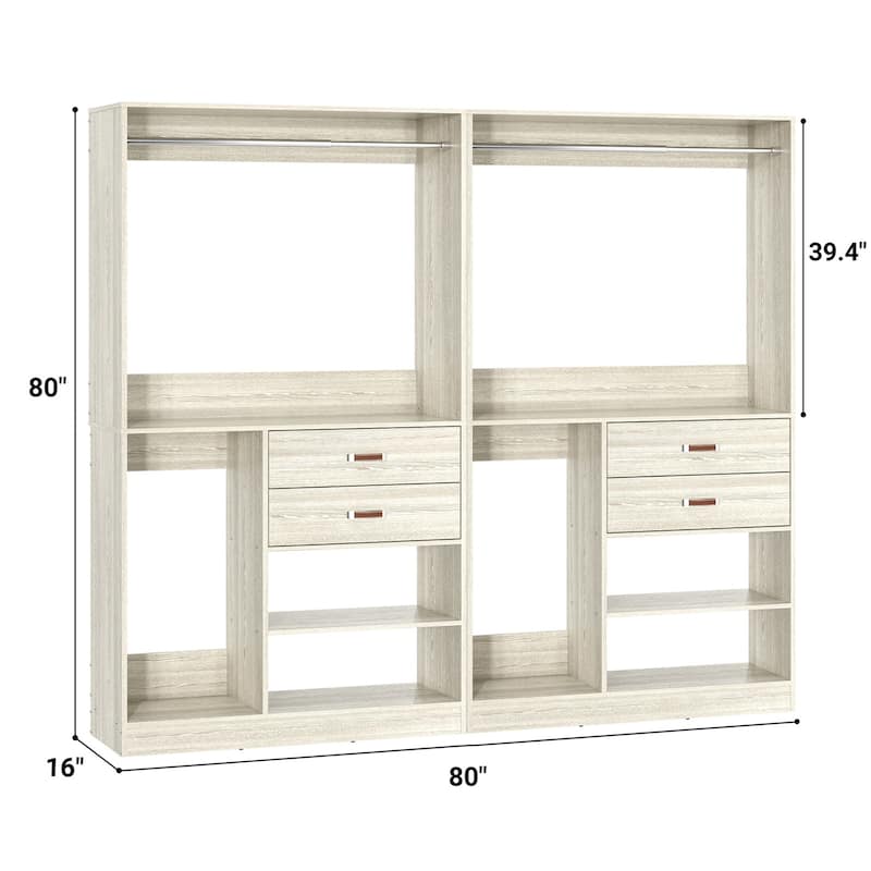 Set of 2 Freestanding Closet Organizer with Hanging Rods and Drawers, Closet System for Walk-in Closet