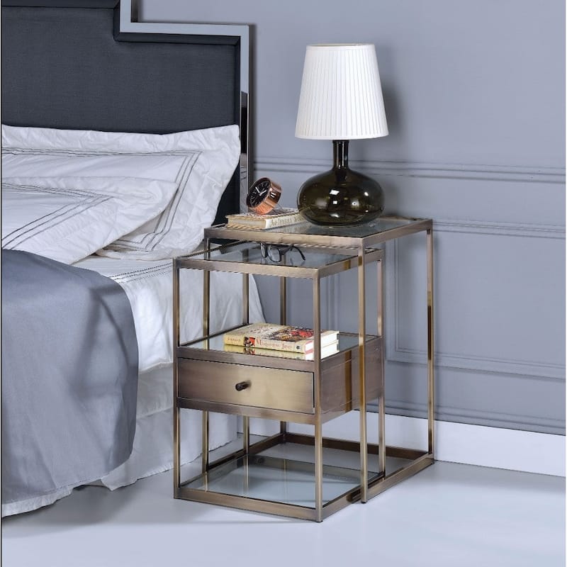Metal and Glass 2 Piece Nesting Table Set, Brown and Clear - 26 H x 15 W x 18 L Inches