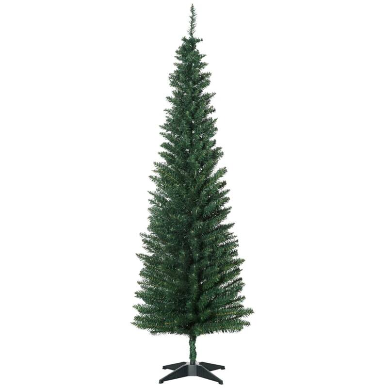 6 Foot Green Artificial Pencil Christmas Tree Unlit 390 Tips Slim Space Saving Plastic Metal Base - Dia 21.75" x 70.75" H