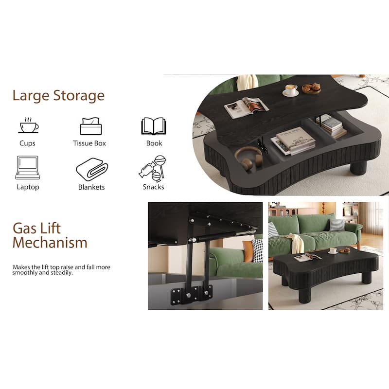 Lift Top Coffee Table - Fluted Panel Hidden Storage,Silent Hydraulic Lift,Curved Safety Corners,5 Min Assembly