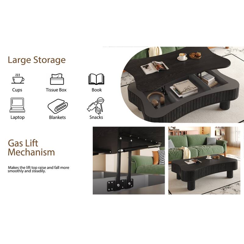 Lift Top Coffee Table with Hidden Storage, Cloud-Shaped Wooden Center Table, Accent Side Table with Curved Safety Corners