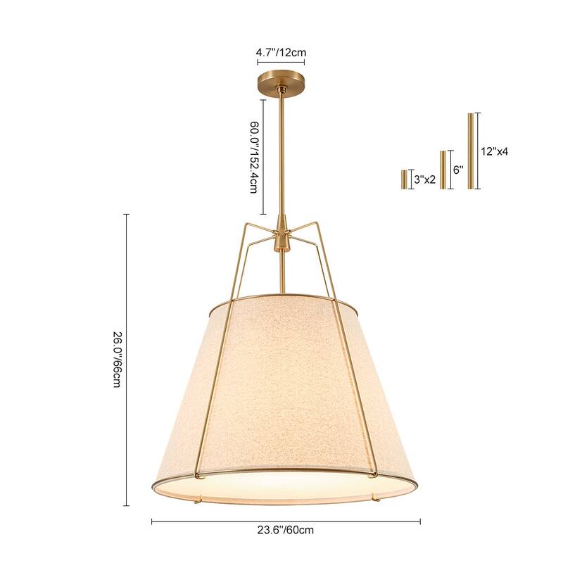 Mid Century 4-Light Conical Ivory Linen Lantern Pendant Ambient Light