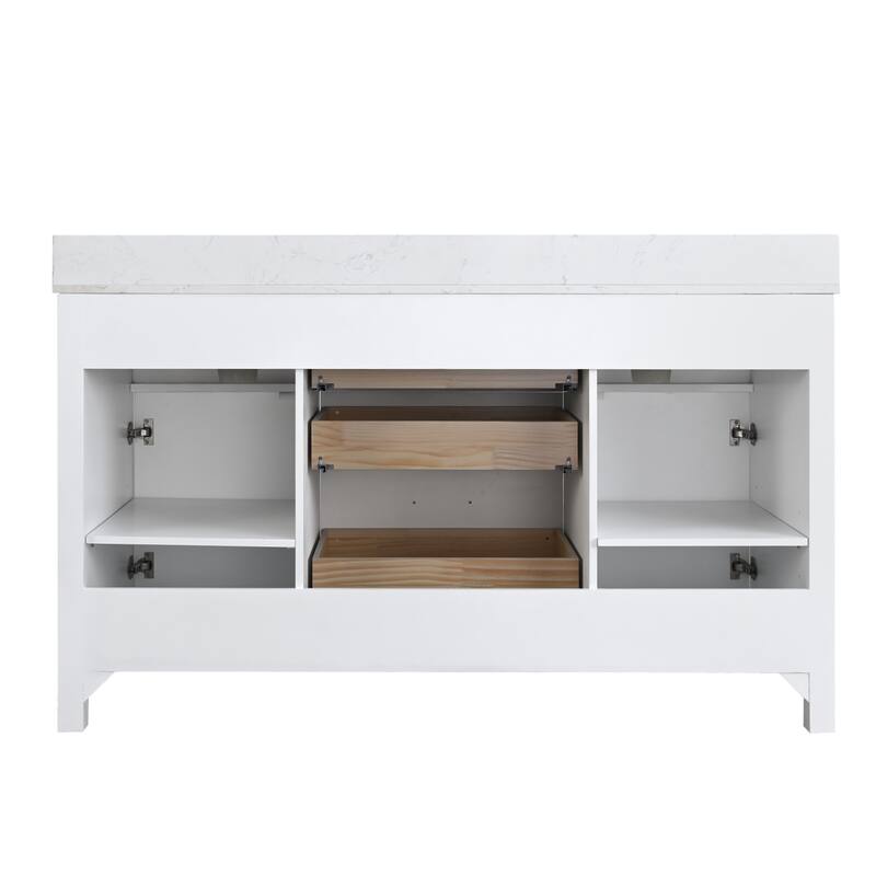 Prismatica Double Sinks Bathroom Vanity 60 in White, Marble Top & Splash