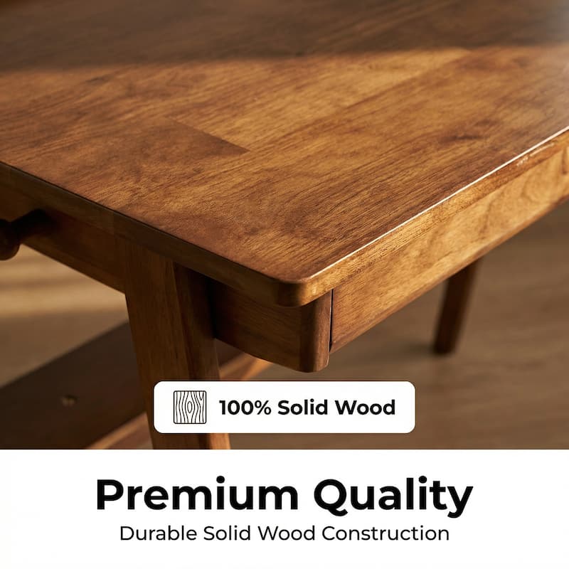 Solid Wood Writing Desk, Home Office Desk for Small Spaces, Mid Century Modern Desks with 2 Drawers & Storage Shelf