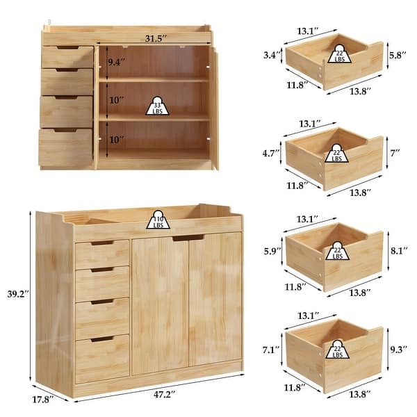 47.2" Solid Wood Baby Changing Table Dresser, New Zealand Pine Nursery Storage Cabinet with 4 Drawers