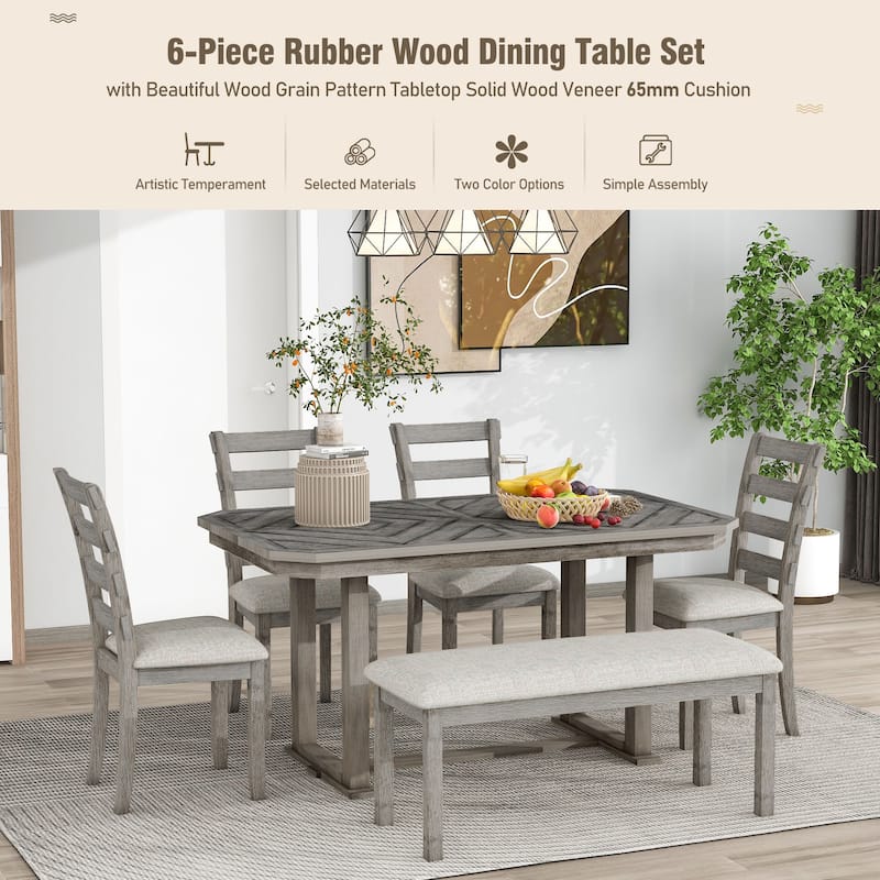 6-Piece Dining Set with Wood Grain Pattern Tabletop and Soft Cushion Chairs