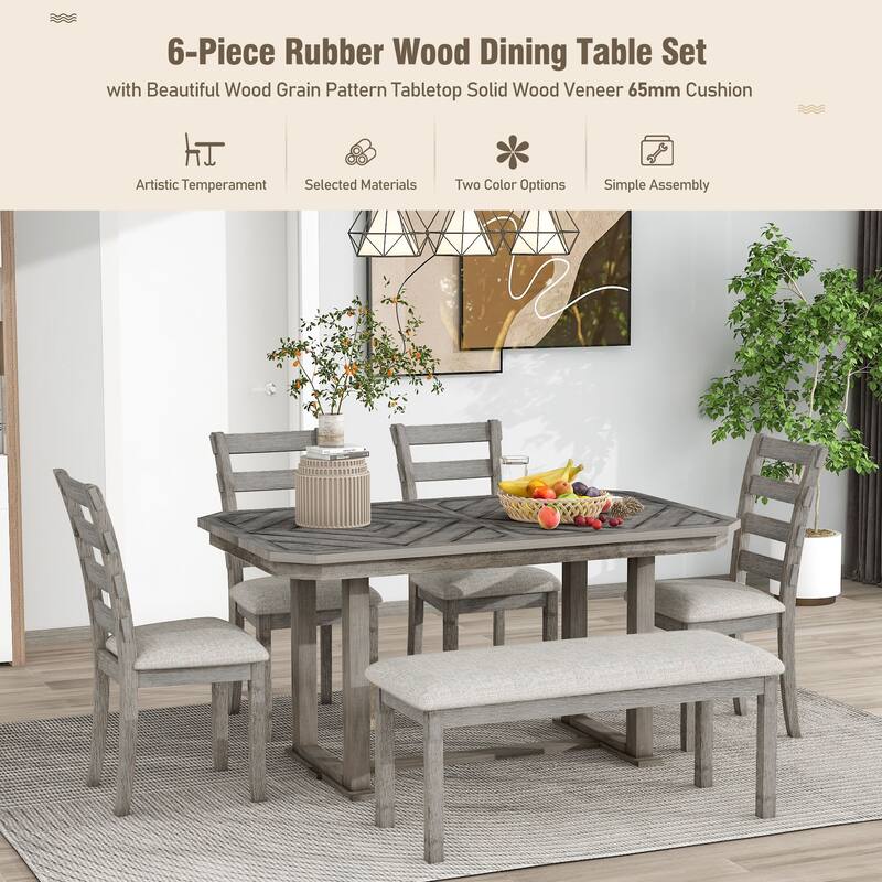 Vintage Style 6-piece Dining Set with Octagon Table, Bench and 4 Upholstered Chairs