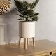 preview thumbnail 1 of 6, Boho Metal Planter Pot With 4-Leg Wood Base - White & Gold 13.5"H x 8.5"W x 8.5"D
