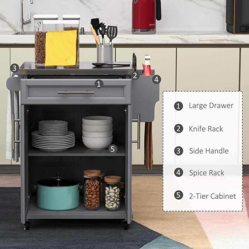 HOMCOM Kitchen Island on Wheels, Rolling Kitchen Cart with Stainless Steel Countertop, Drawer, Gray