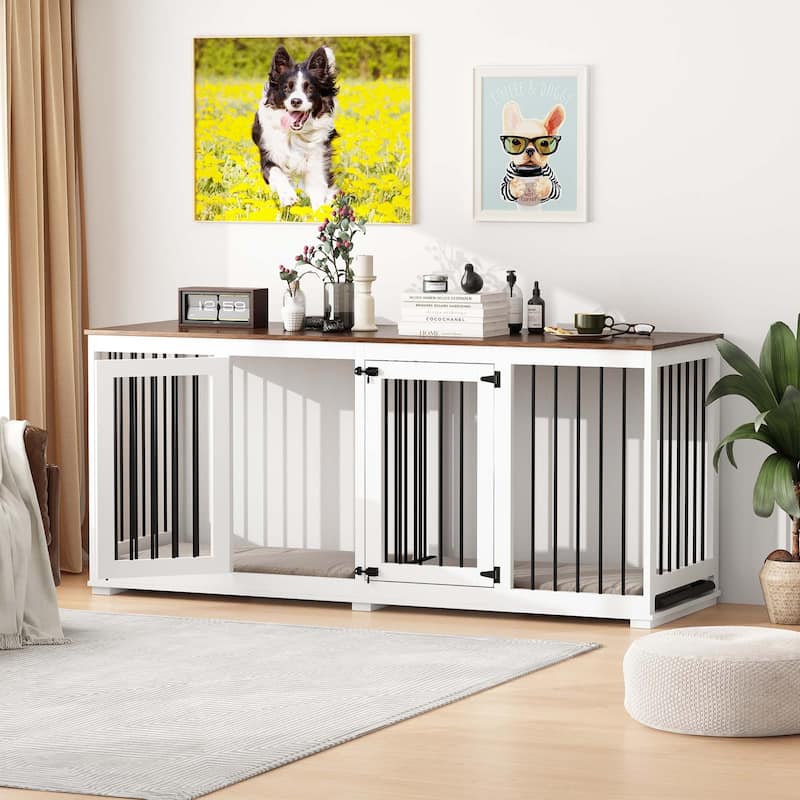 Large Dog Crate Furniture, 70.9"L Wooden Dog Crate Kennel with Divider