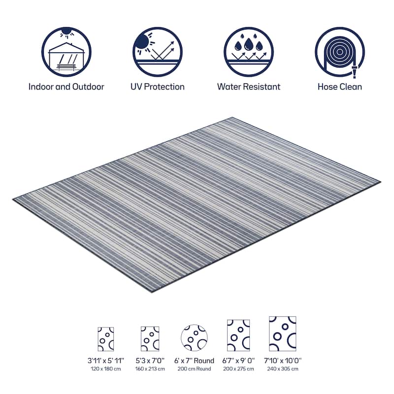 Beverly Rug Blue Striped Indoor Outdoor Rug, Outside Carpet for Patio, Deck, Porch