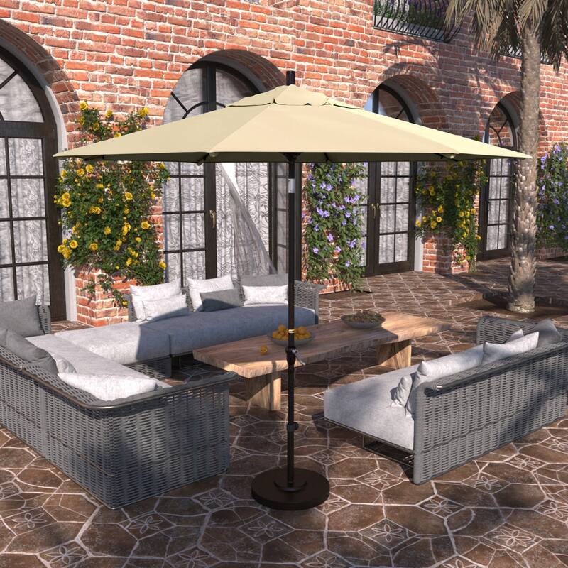 California Umbrella 9' Sunset Series Patio Umbrella Bronze Aluminum Frame and Ribs, Crank Lift Auto Tilt, Sunbrella Cilantro - Beige