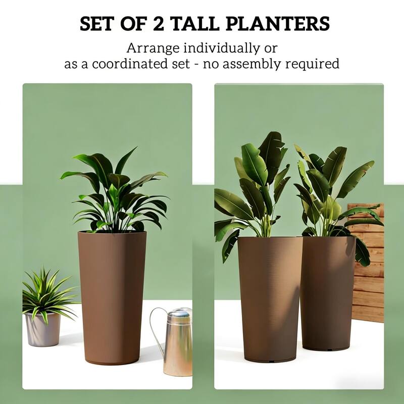 Tall Planters Set of 2, Large Tapered Flower Pots with Drainage Holes