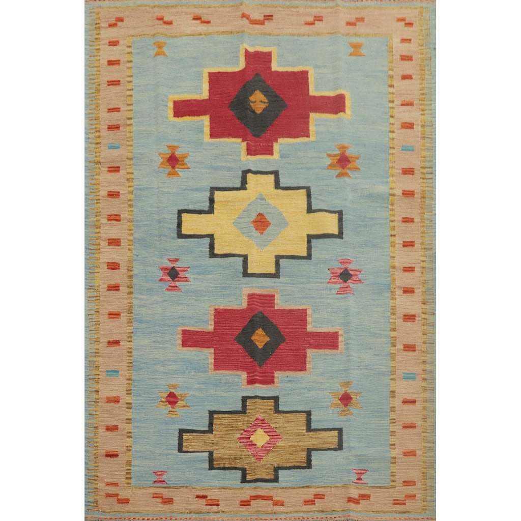 Hand Woven Oriental 100% Wool Carpet Southwestern Tribal Navy Blue & Blues Kilim Area Rug - 6' 6'' X 5' 2''