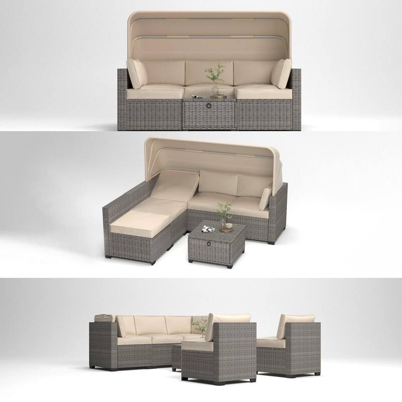 6 Piece Patio Sectional Sofa Set, PE Rattan Daybed with Retractable Canopy, Patio Lounge Set with Adjustable Backrests