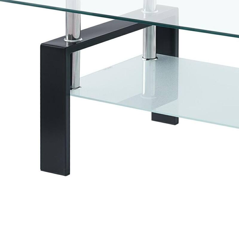 HomeRoots 39" Clear and Black Glass and Steel Coffee Table With Shelf - 39.37 in. x 17.32 in. x 23.62 in.