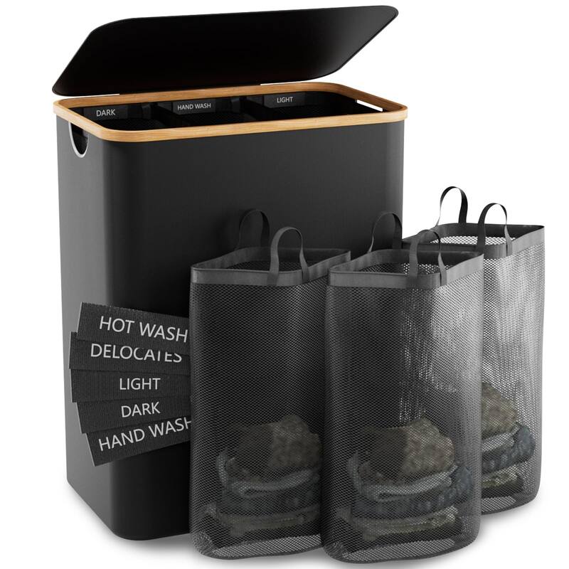 Hampers for Laundry Basket with Lid, 160L Extra Large 3 Section Clothes Divided Organizer for Bedroom,Laundry Room - Black