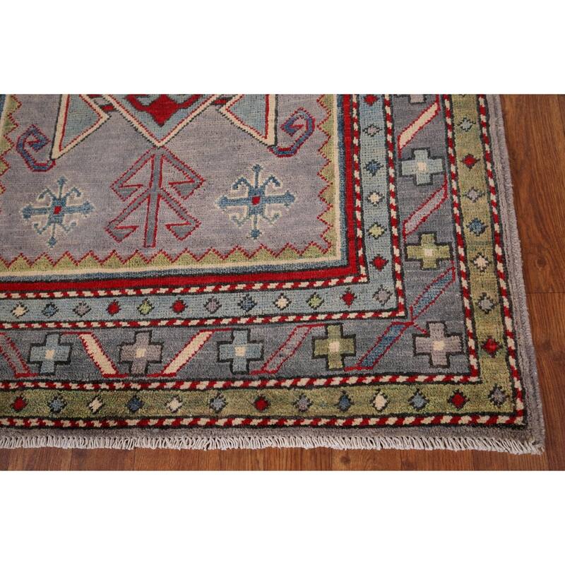 Grey Traditional Kazak Oriental Accent Rug Handmade Wool Carpet - 3'3" x 4'10"