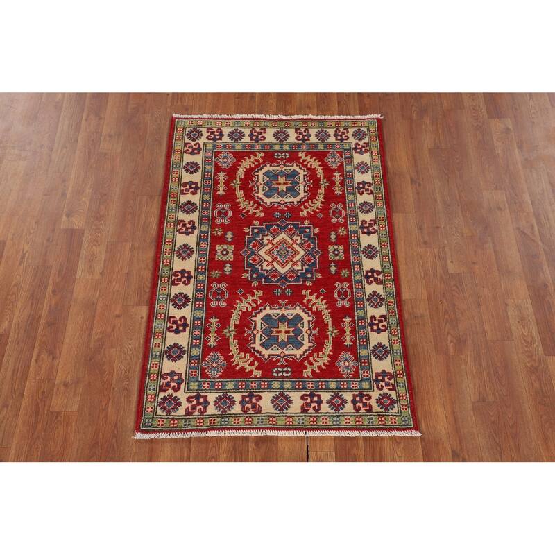 Geometric Red Kazak Foyer Rug Hand-Knotted Traditional Wool Carpet - 2'8" x 4'1"