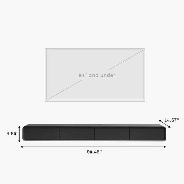 dimension image slide 4 of 12, Floating Modern TV Stand for Living Room, Wall-Mounted Entertainment Center with Storage Drawers, Solid Wood, Fully-Assembled