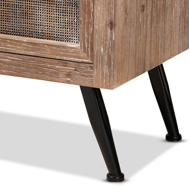 Baxton Studio Calida Mid-Century Modern Whitewashed Natural Brown Finished Wood and Rattan 2-Drawer End Table