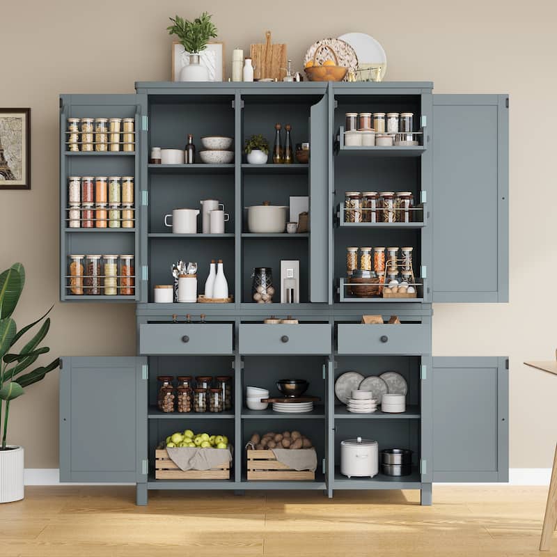75" Farmhouse Kitchen Pantry Cabinet with Door Shelves, Large Freestanding Cupboard with Pull-Out Trays - Grey 