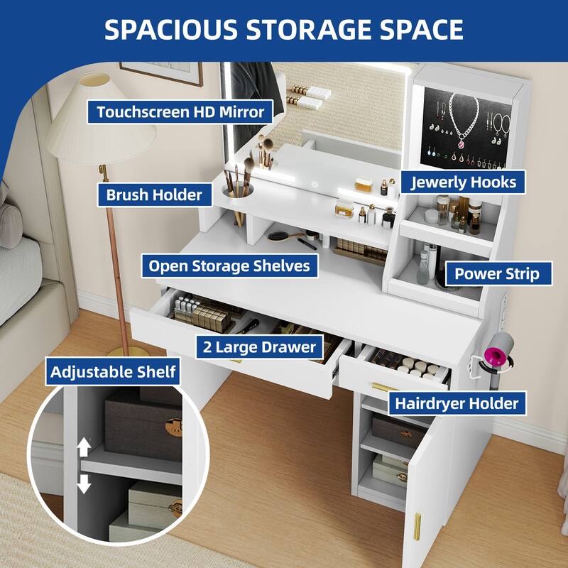 Moasis Makeup Vanity Desk with Mirror and Lights, Dressing Table with 2 Storage Drawers & Hairdryer Holder