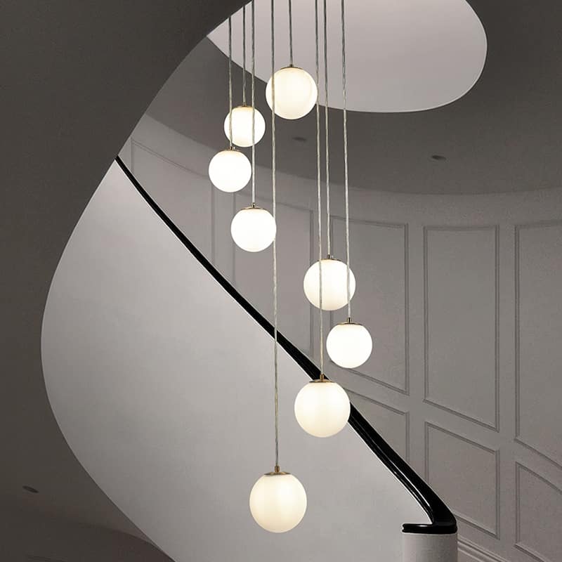 18'' 8-Light Modern White Opal Glass Staircase Chandelier Globe Bubble Glass Pendant In Matte Black For Foyer Entryway - W18''