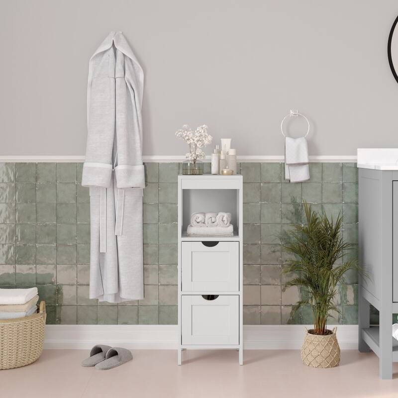 Floor Cabinet Storage Organizer with 2 Drawers, Open Shelf, and Foot Pads - White