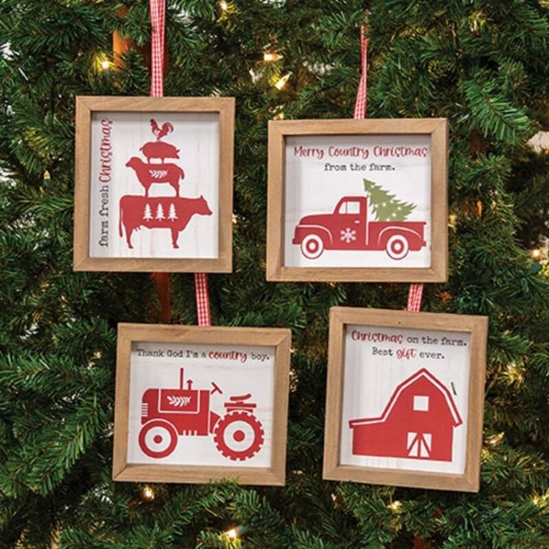 Charming Farm-Inspired Wooden Ornaments Rustic Christmas Tree Hanging Decor 4 Assorted Designs - 5.75" H x 3.25" W x .75" D