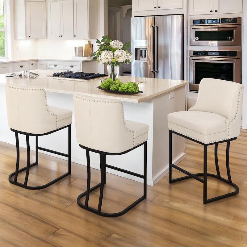 26" Modern Metal Barstools Set of 3 Upholstered Counter Height Bar stools with Back and 6" Thick Cushion for Kitchen Island - Champagne/Fabric