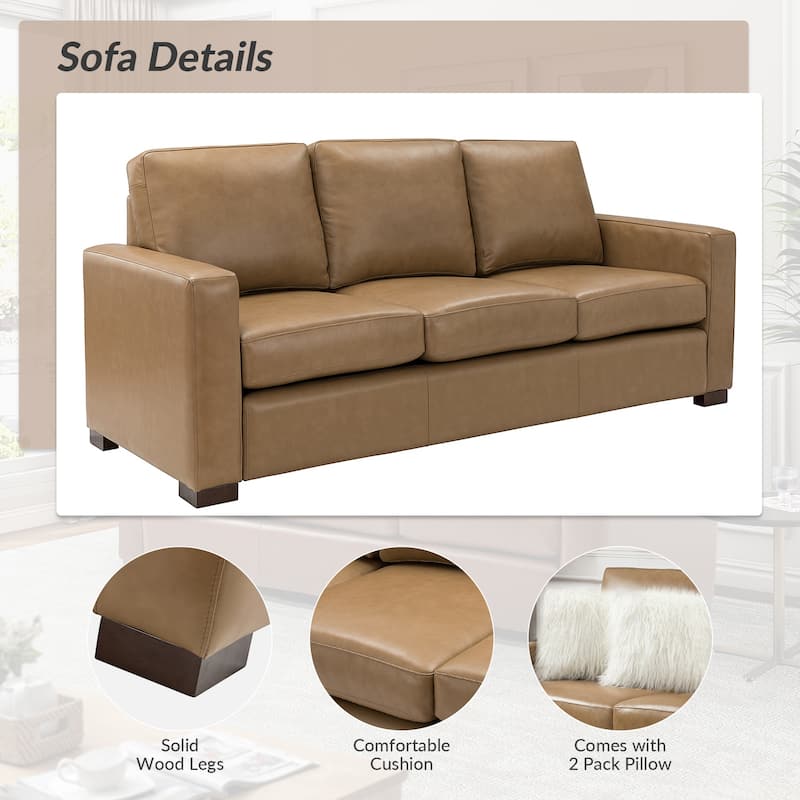 Ernando 83.46" Wide Genuine Leather Sofa with Squared Arms and Pillows