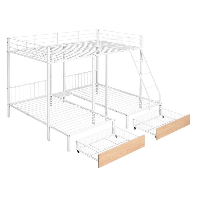 Full Over Twin and Twin Metal Triple Bunk Bed with Two Pull-out Drawers and Guardrails