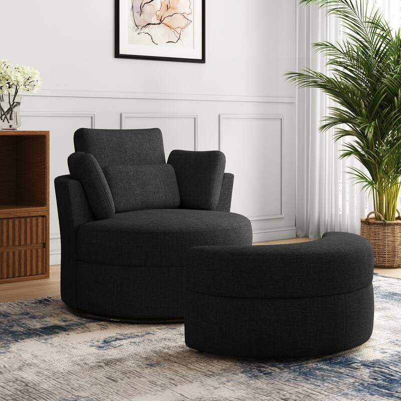 Oversized Upholstered Swivel Barrel Chairs with Storage Ottoman