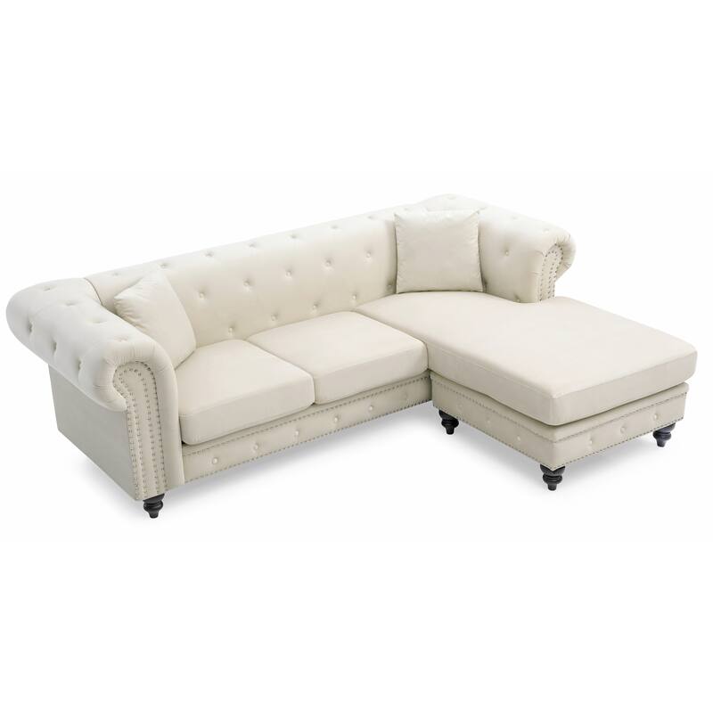 Ivory Velvet Sofa Chaise, 98"L x 37"W x 31"H, 169 lbs, MicroSuede, Chrome Nailheads, Pocketed Coils