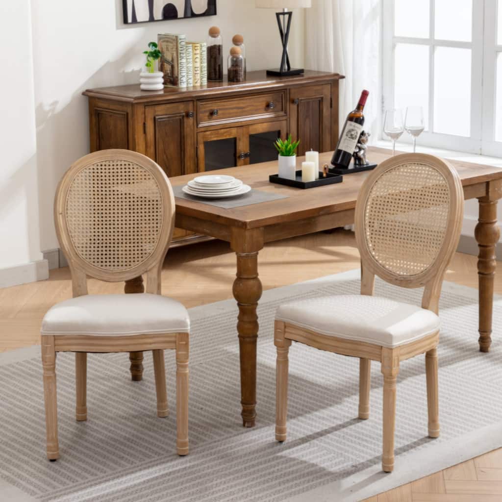 Furniture,French Style Solid Wood Frame Antique Painting Linen Fabric Rattan Back Dining Chair,Set of 2