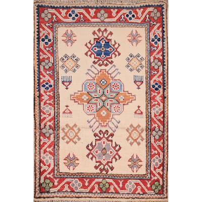 Ivory Geometric Kazak Oriental Foyer Rug Hand-Knotted Wool Carpet - 2'0" x 3'0"