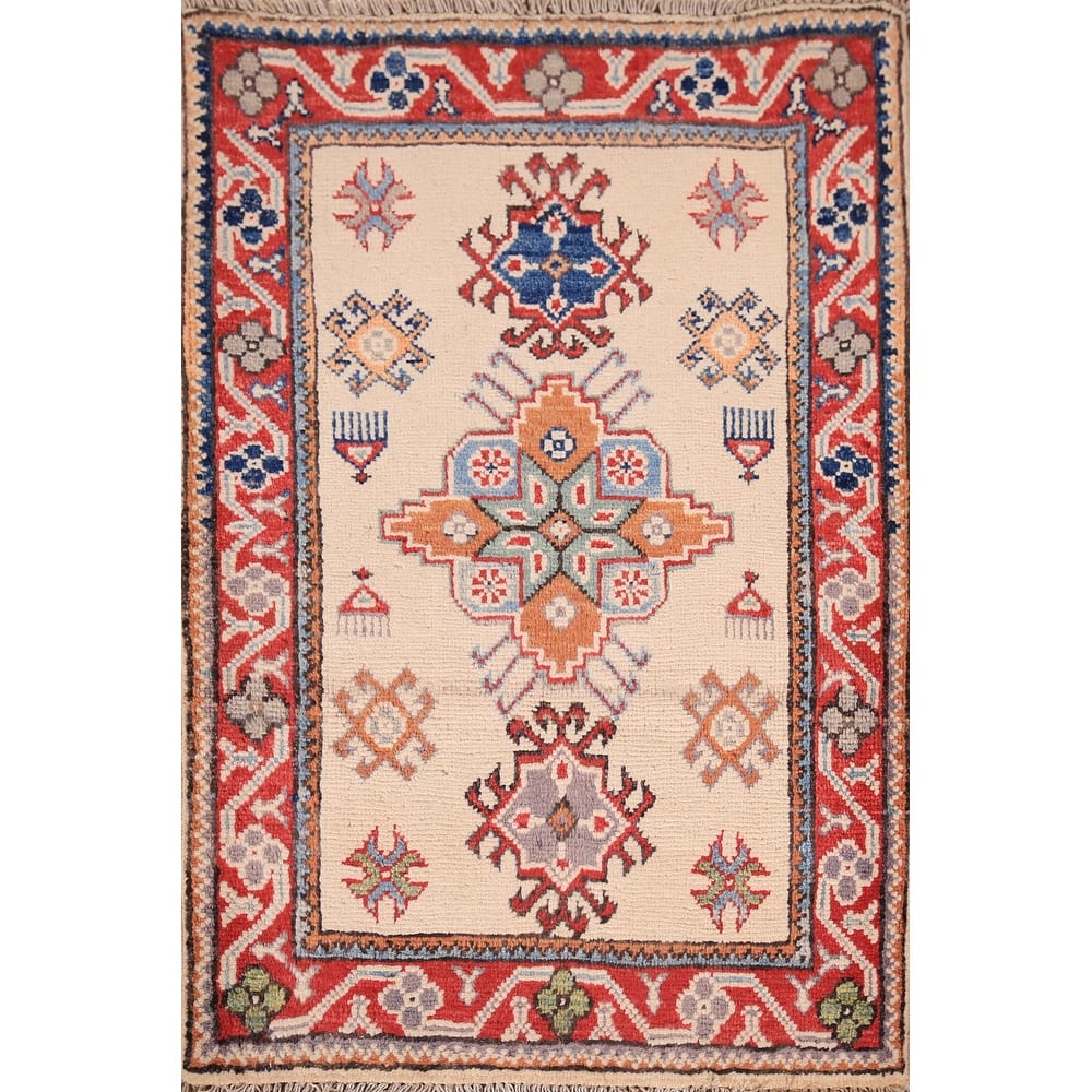 Ivory Geometric Kazak Oriental Foyer Rug Hand-Knotted Wool Carpet - 2'0" x 3'0"
