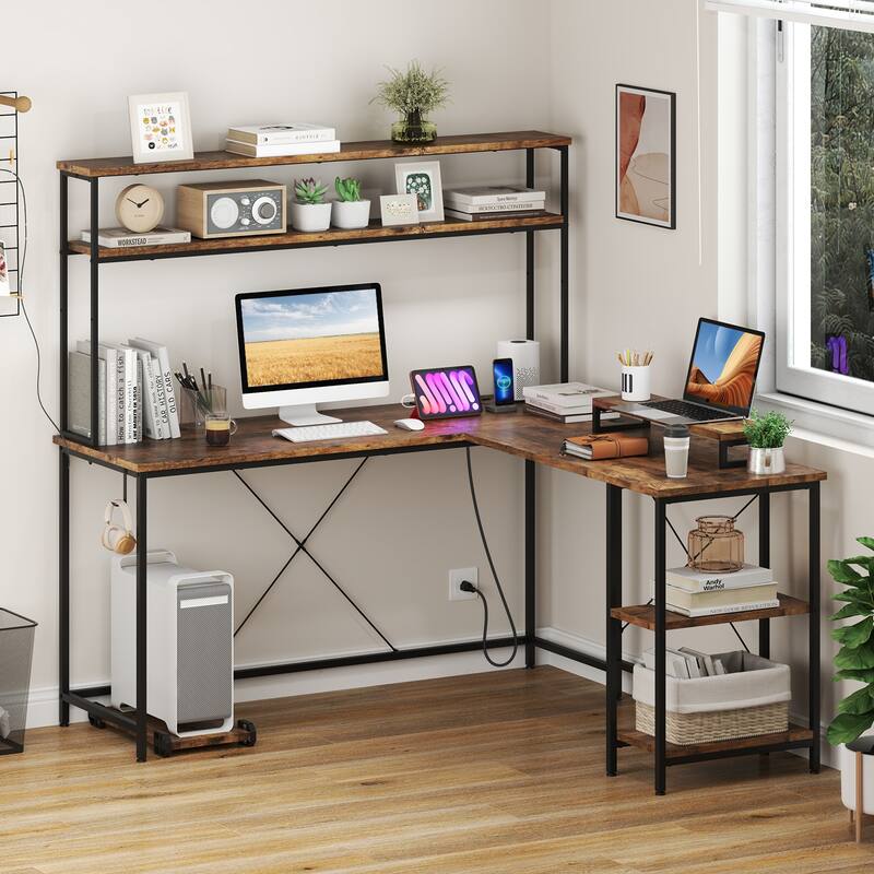 Engineered Wood L-Shaped Gaming Desk with LED Lights and Power Strip