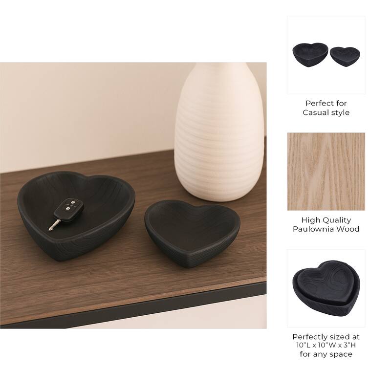 Sagebrook Home Handcrafted Paulownia Wood Decorative Bowls, Heart-Shaped Nesting Design, Set of 2 - 10" x 10" x 3"