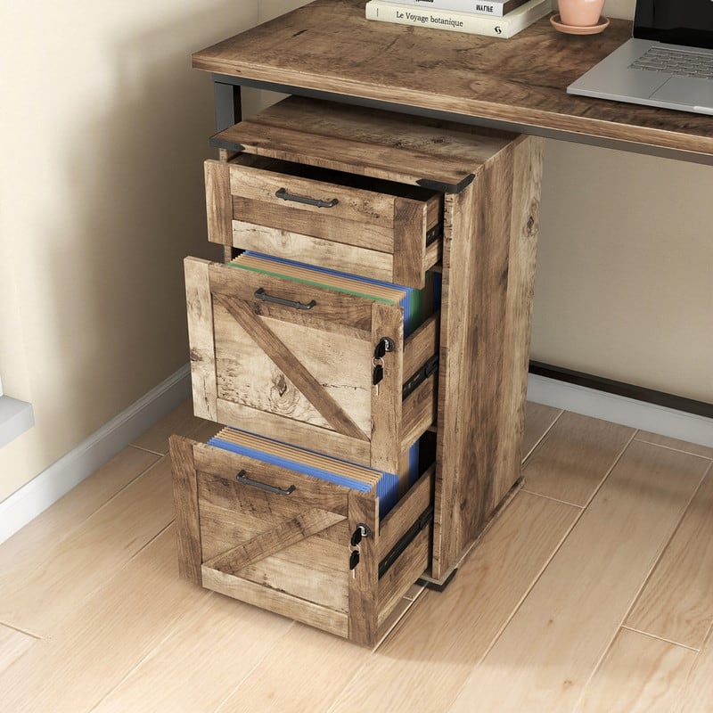 Barn Door Wooden 3 Drawers With Lock 30.71"H