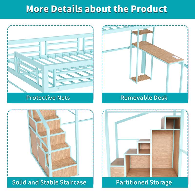 Full-Size Loft Bed with Desk & Storage, Space-Saving Metal Bed Frame with Staircase, USB & Outlet for Kids & Teens