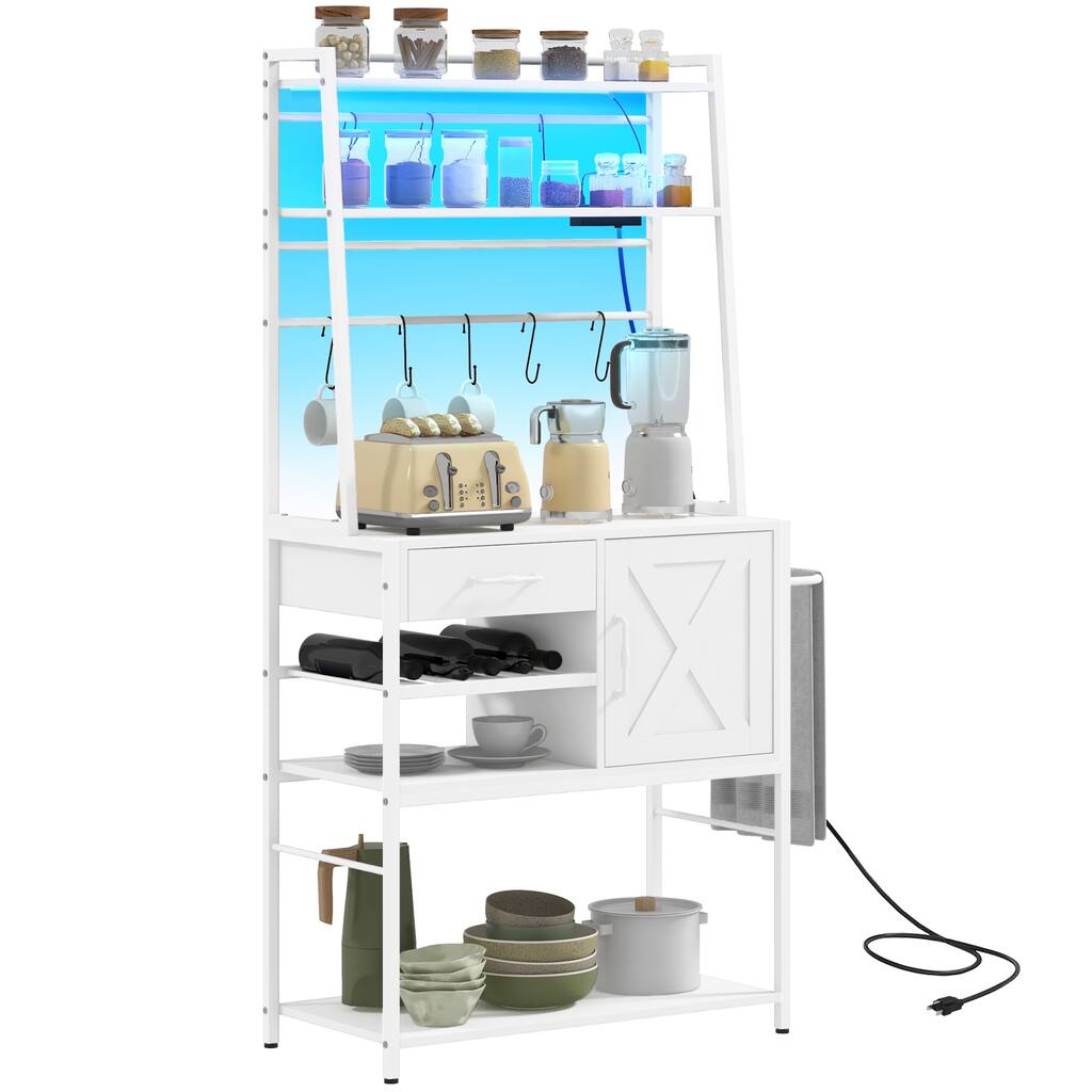 Baker's Rack with Power Outlet and LED Lights, Coffee Bar with Storage Shelves, Industrial Microwave Stand with Wine Bottle Rack
