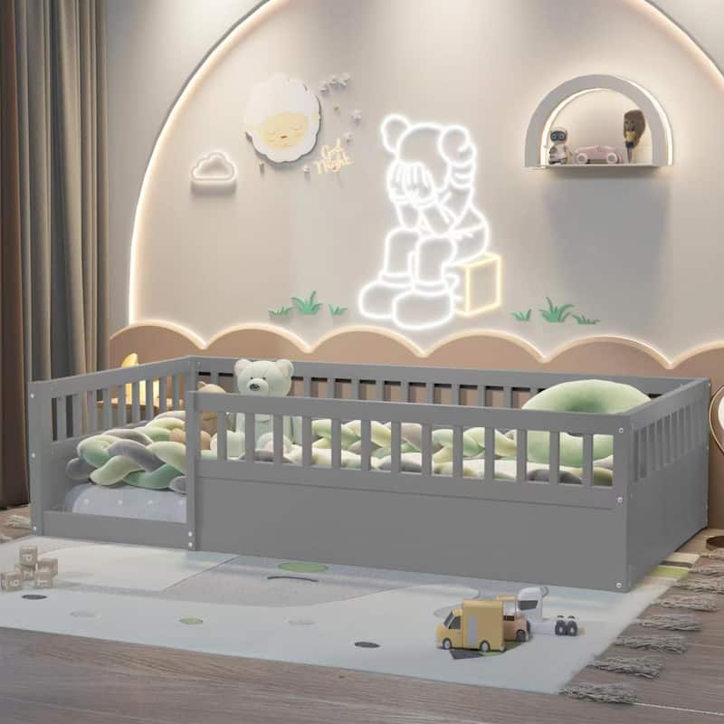 Kids Floor Bed Frame Toddler Montessori Low-Profile Floor Bed with Solid Wood Baffle Fence, No Slats No Door for Children's Room