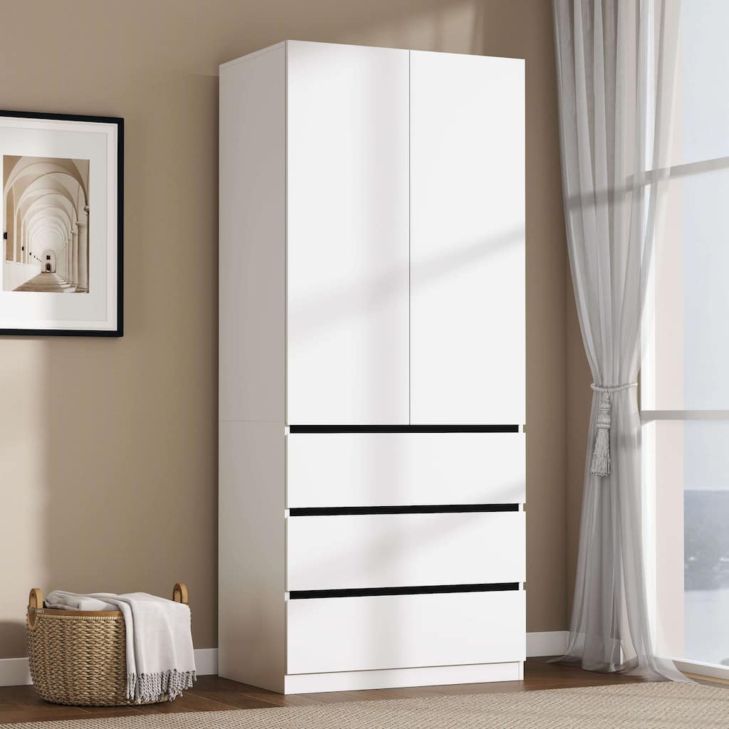 75" Armoire Wardrobe Closet with 3 Drawers, Clothes Organizer Closet with Storage Shelves