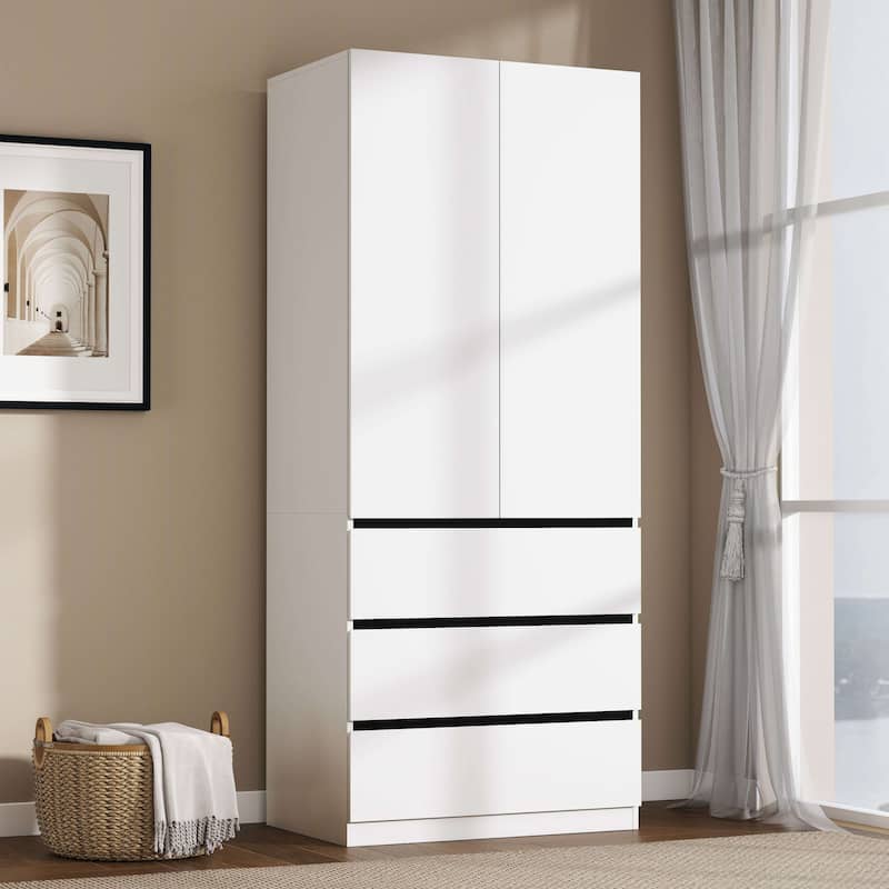 75" Armoire Wardrobe Closet with 3 Drawers, Clothes Organizer Closet with Storage Shelves