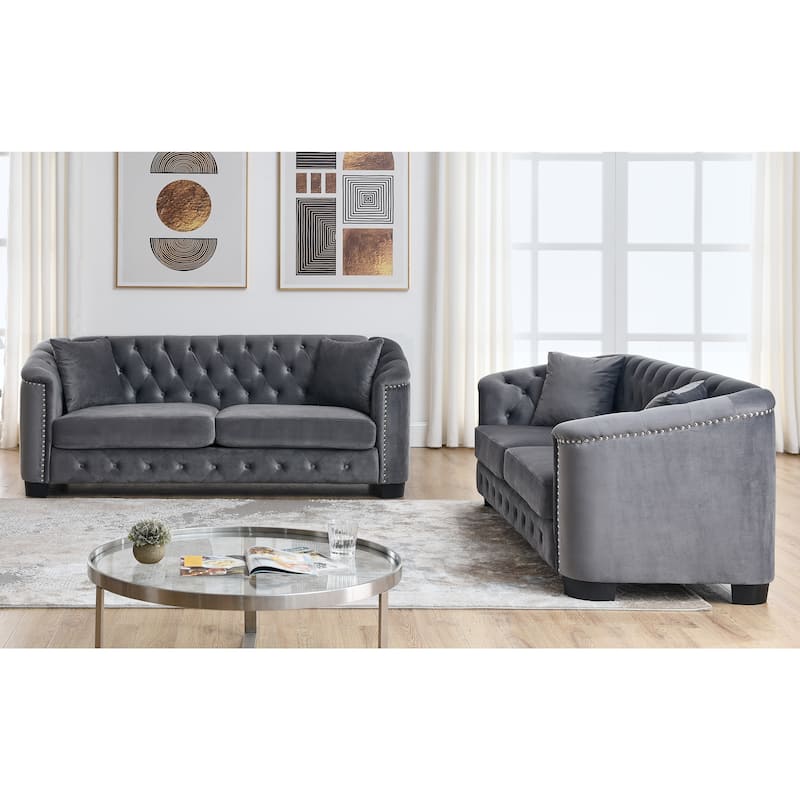 Roomfitters 5-Seater Chesterfield Sofa Set, 3+2 Velvet Tufted Couches with Rolled Arms, Nailhead Trim and Cushions - Grey - 6 Seater